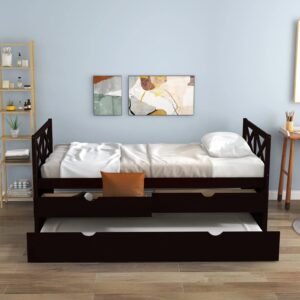 captain wood bed with trundle and drawers, twin for kids bedroom, brown