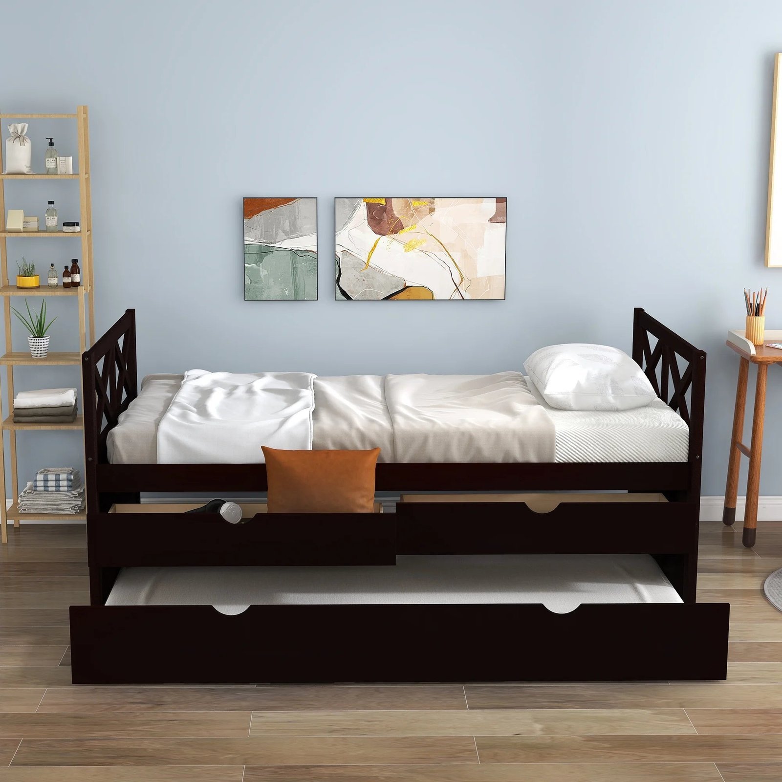 captain wood bed with trundle and drawers, twin for kids bedroom, brown captain wood bed with trundle and drawers, twin for kids bedroom, brown