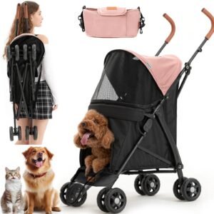 3 in 1 folding pet dog stroller, dog cat stroller with storage basket and cup holder portable travel carriage 4 wheels for small medium cats, dogs and puppy (pink)