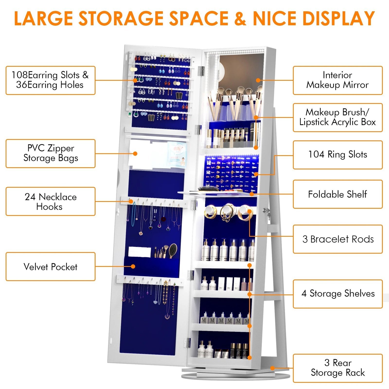 lvsomt 360° rotating led jewelry armoire with full length mirror, jewelry cabinet large standing lockable mirror jewelry organizer with inner makeup mirror & soft velvet for living room bedroom lvsomt 360° rotating led jewelry armoire with full length mirror, jewelry cabinet large standing lockable mirror jewelry organizer with inner makeup mirror & soft velvet for living room bedroom