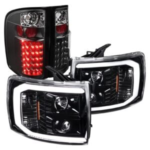 spec d tuning led light bar jet black housing clear lens projector headlights + black altezza style led tail lights compatible with chevrolet silverado left + right pair headlamps assembly