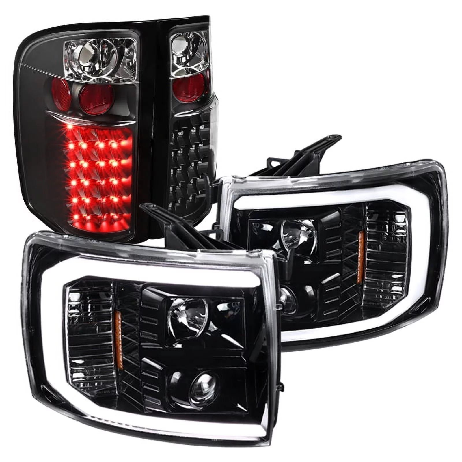 spec d tuning led light bar jet black housing clear lens projector headlights + black altezza style led tail lights compatible with chevrolet silverado left + right pair headlamps assembly spec d tuning led light bar jet black housing clear lens projector headlights + black altezza style led tail lights compatible with chevrolet silverado left + right pair headlamps assembly