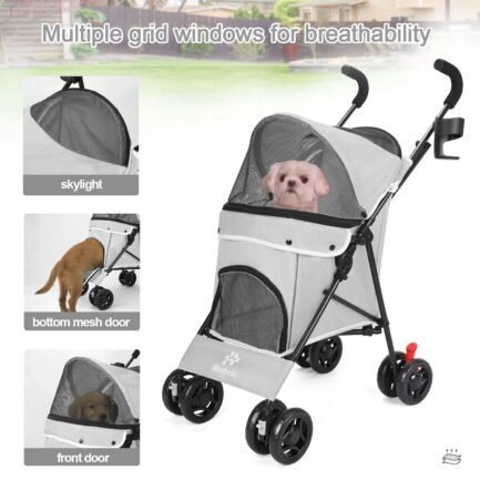 4 wheel foldable cat dog stroller with storage basket, handle 360° front wheel rear wheel with brake for small medium dogs & cats gray 4 wheel foldable cat dog stroller with storage basket, handle 360° front wheel rear wheel with brake for small medium dogs & cats gray
