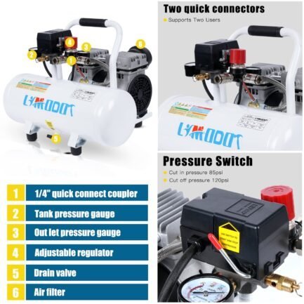limodot air compressor, ultra quiet air compressor, only 60db, 2 gallon air tank, dual couplers supports two users, fast 20s recovery, oil free, ideal for shop, garage, car, pneumatic tools limodot air compressor, ultra quiet air compressor, only 60db, 2 gallon air tank, dual couplers supports two users, fast 20s recovery, oil free, ideal for shop, garage, car, pneumatic tools