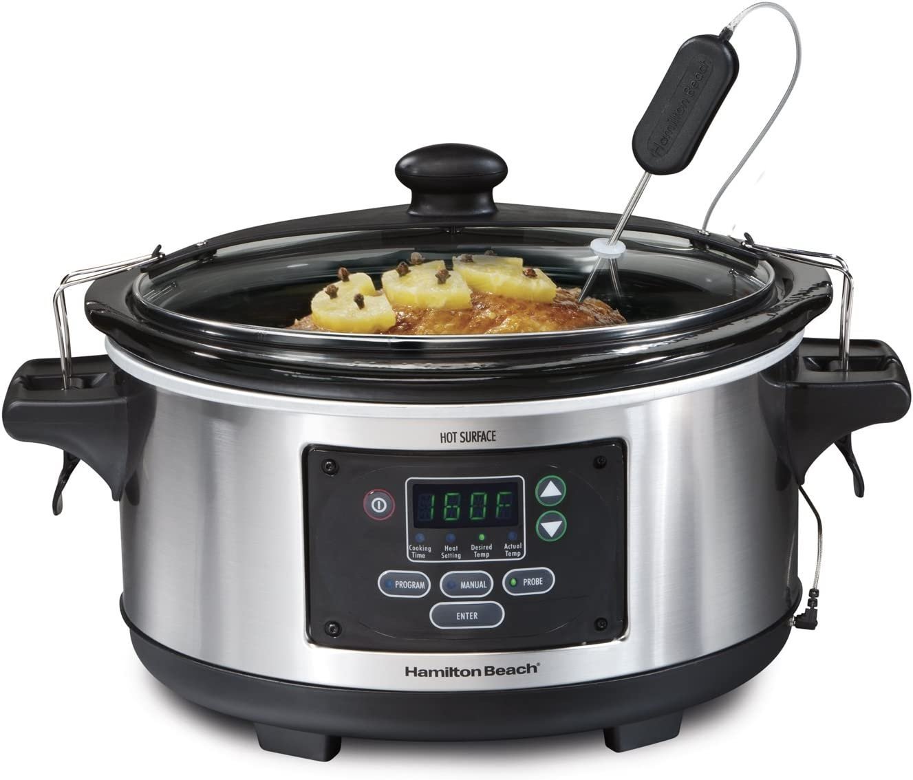 hamilton beach portable 6 quart set and forget digital programmable slow cooker with lid lock, temperature probe, stainless steel hamilton beach portable 6 quart set and forget digital programmable slow cooker with lid lock, temperature probe, stainless steel