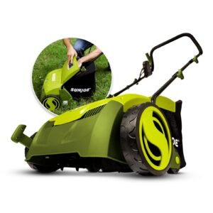 sun joe aj801e 12 amp, electric dethatcher and scarifier w/removeable 8 gallon collection bag, 5 position height adjustment, airboost technology increases lawn health, 13 inch, green