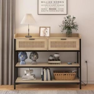 ayfdegt entryway table with drawers console table with outlets and usb ports sofa tables narrow long with shelves & led lights for living room hallway foyer kitchen black