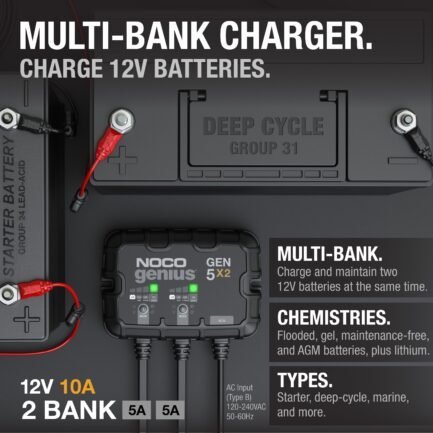 noco genius gen5x2 2 bank 10a (5a/bank) 12v onboard battery charger noco genius gen5x2 2 bank 10a (5a/bank) 12v onboard battery charger