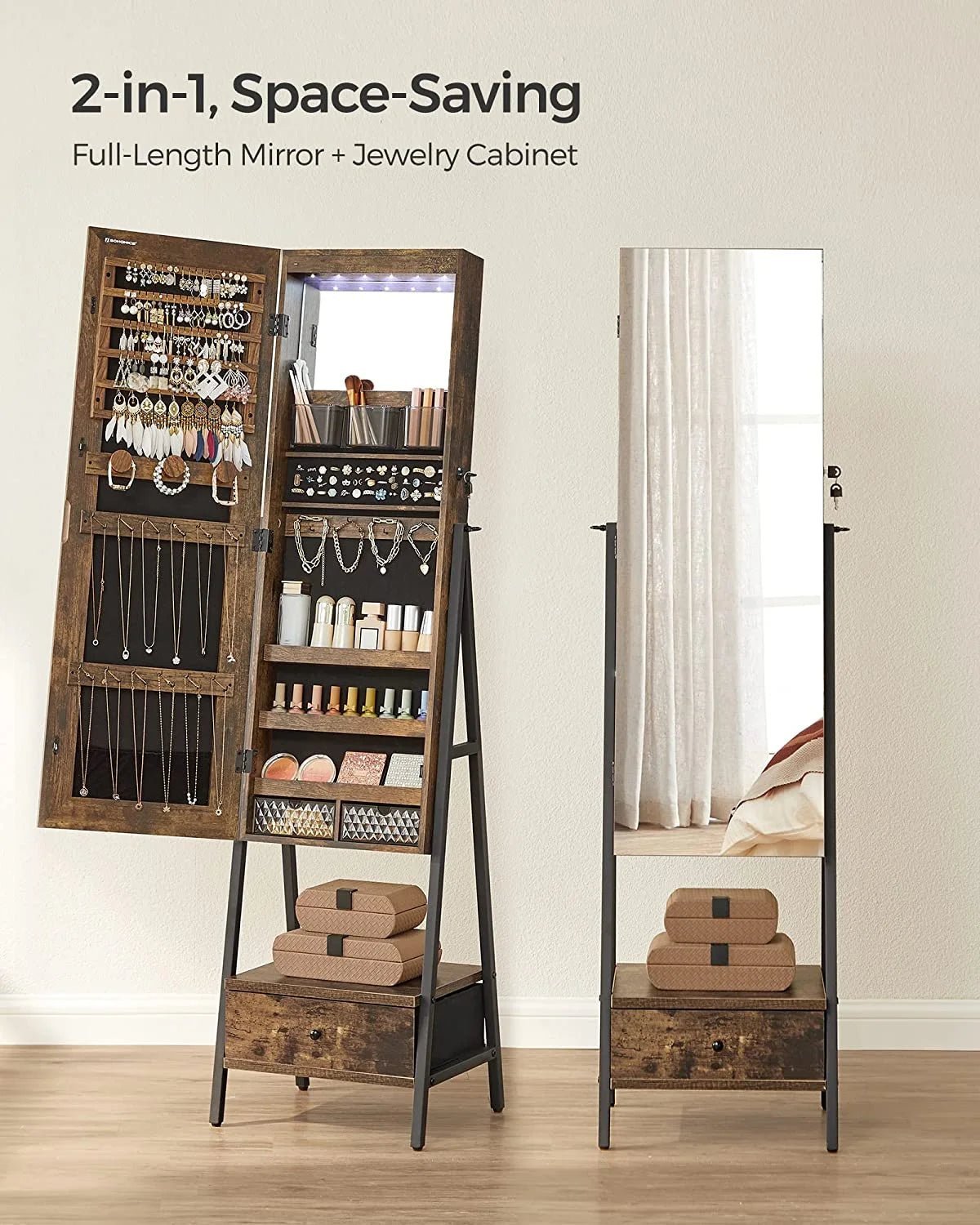 songmics led jewelry cabinet standing lockable jewelry armoire with full length mirror space saving jewelry organizer box with mirror bottom drawer and shelf gift idea rustic brown songmics led jewelry cabinet standing lockable jewelry armoire with full length mirror space saving jewelry organizer box with mirror bottom drawer and shelf gift idea rustic brown