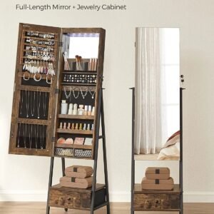 songmics led jewelry cabinet standing lockable jewelry armoire with full length mirror space saving jewelry organizer box with mirror bottom drawer and shelf gift idea rustic brown