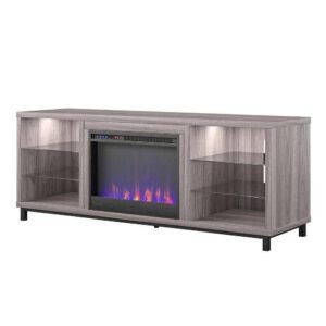 ameriwood home cleavland 64.75 in. freestanding fireplace tv stand for tvs up to 70 in. in light walnut