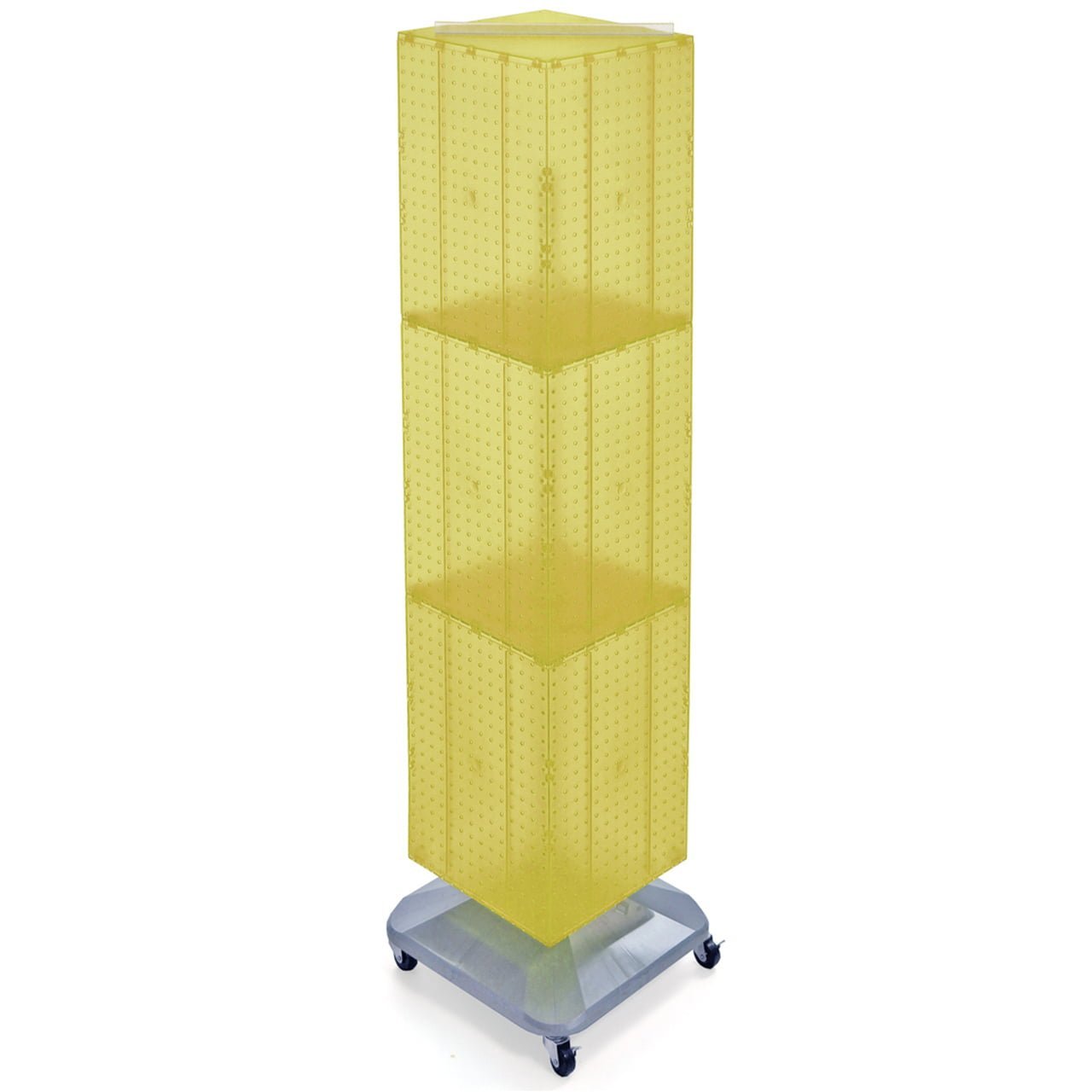 azar displays 701465 yel yellow four sided pegboard tower floor display on revolving wheeled base. spinner rack stand. panel size: 14″w x 60″h azar displays 701465 yel yellow four sided pegboard tower floor display on revolving wheeled base. spinner rack stand. panel size: 14″w x 60″h