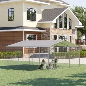 pawhut dog kennel heavy duty playpen with galvanized steel secure lock, waterproof cover for backyard & patio