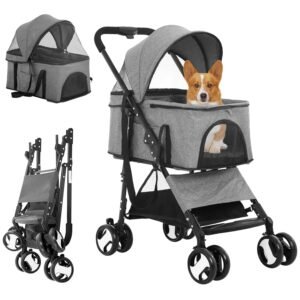 dkeli 4 wheels dog stroller folding pet stroller cat stroller for medium dogs with detachable carrier, grey
