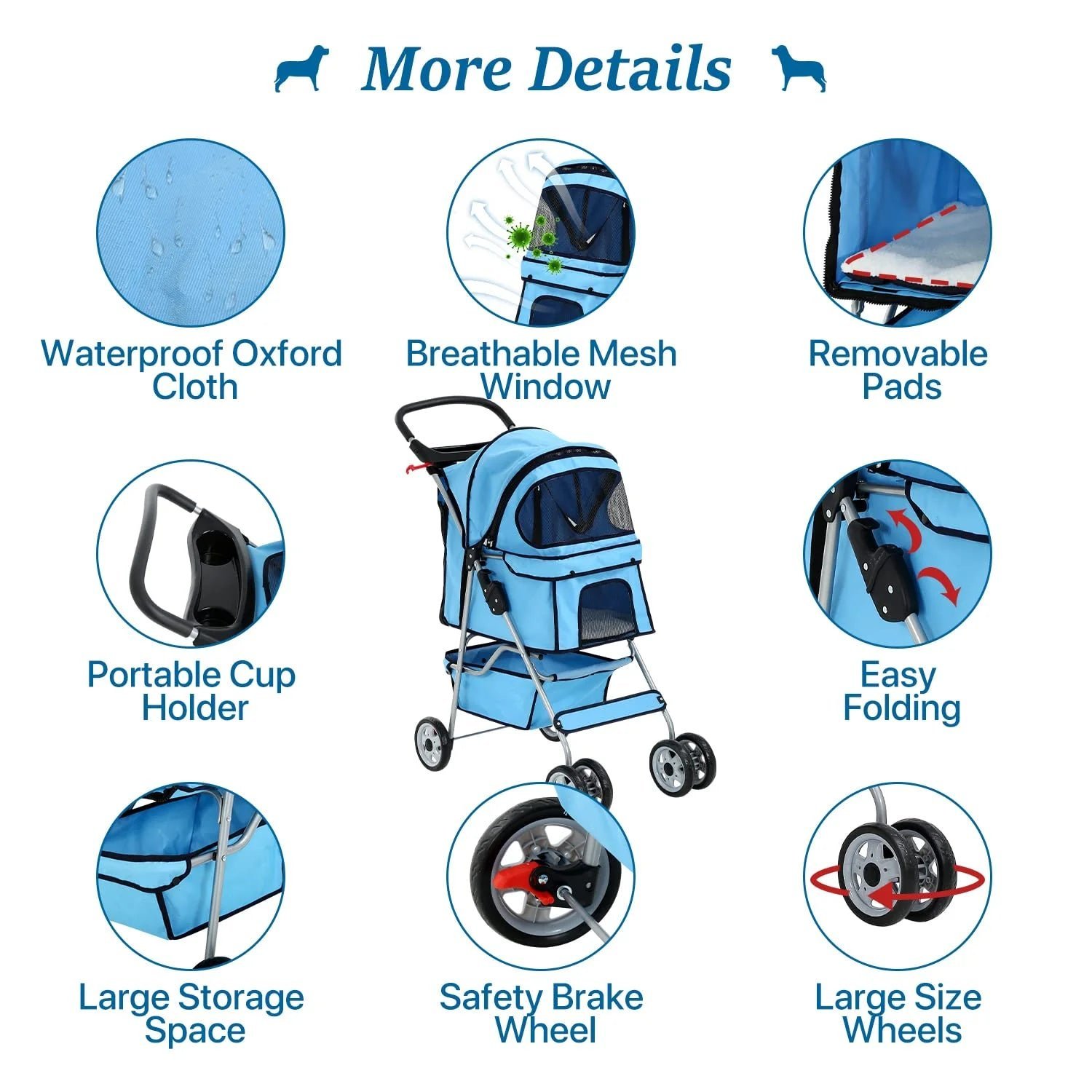 dkelincs 4 wheels pet stroller folding dog cat stroller travel carrier with cup holder & storage basket, blue dkelincs 4 wheels pet stroller folding dog cat stroller travel carrier with cup holder & storage basket, blue