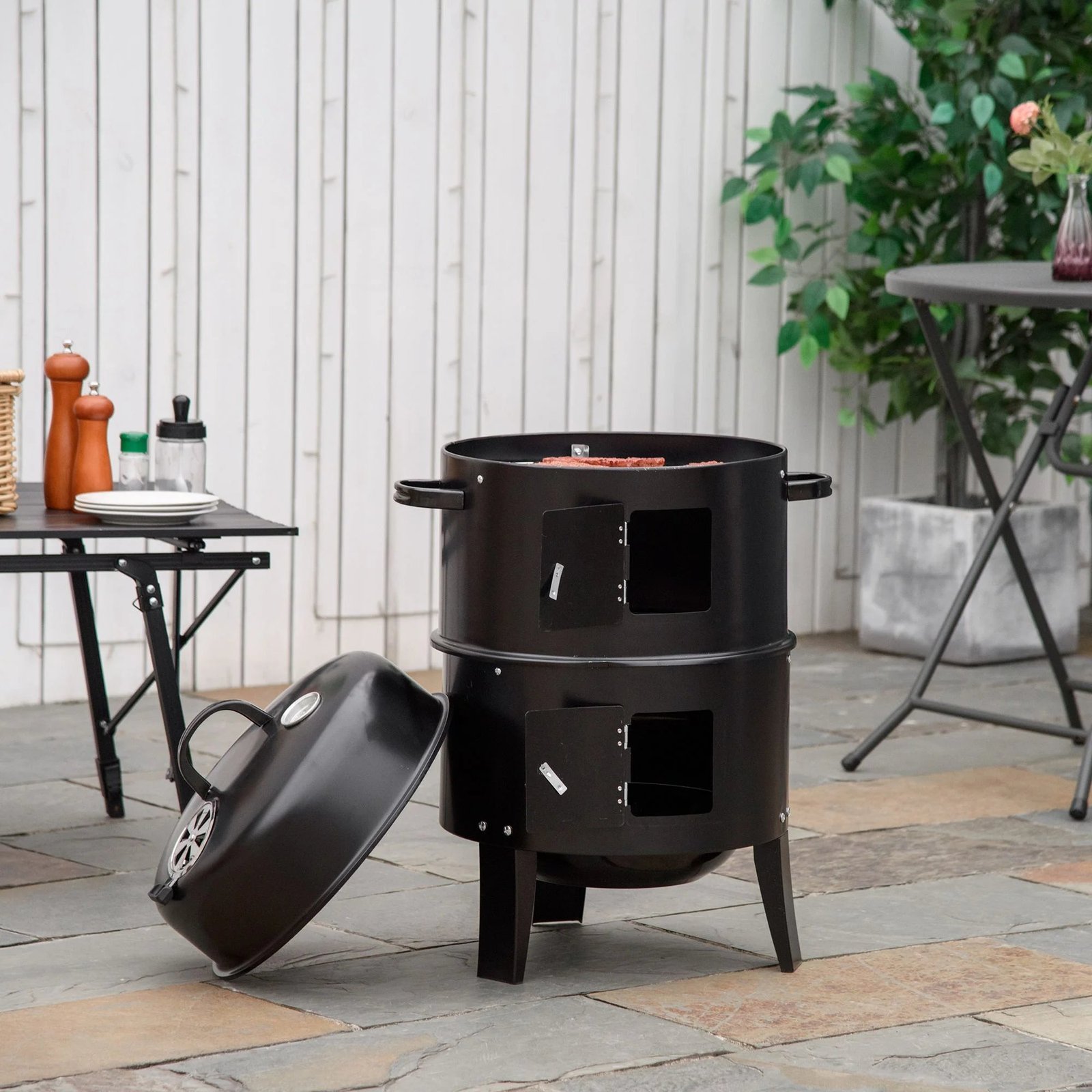 outsunny vertical charcoal bbq smoker, 3 in 1 16″ round charcoal barbecue grill with 2 cooking area, and thermometer for outdoor camping picnic backyard cooking, black outsunny vertical charcoal bbq smoker, 3 in 1 16″ round charcoal barbecue grill with 2 cooking area, and thermometer for outdoor camping picnic backyard cooking, black