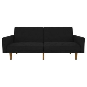 black mid century modern linen upholstered sofa bed with classic wood legs