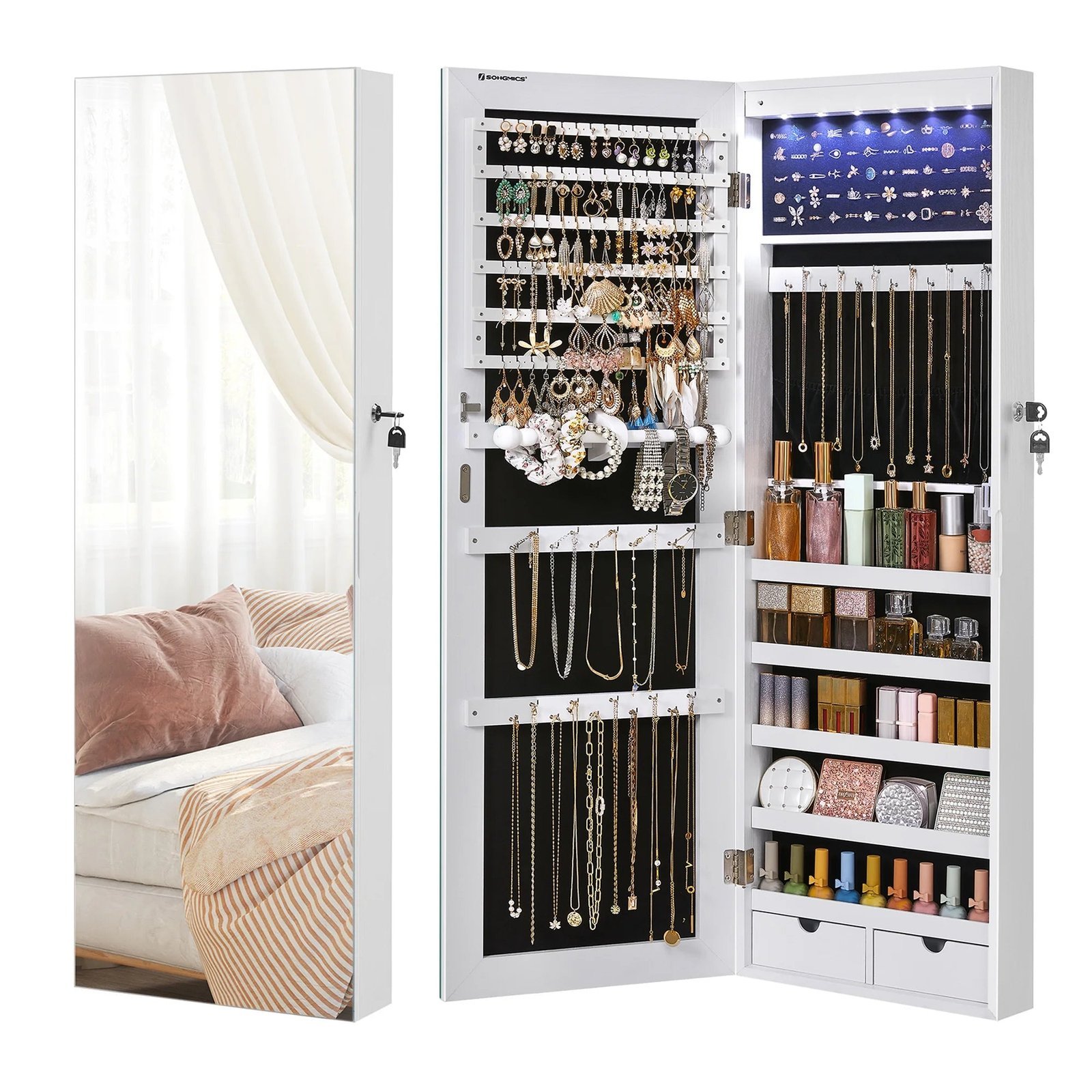 songmics hanging mirror jewelry cabinet wall or door mounted jewelry armoires with led interior lights jewelry organizer box holder full length mirror white songmics hanging mirror jewelry cabinet wall or door mounted jewelry armoires with led interior lights jewelry organizer box holder full length mirror white