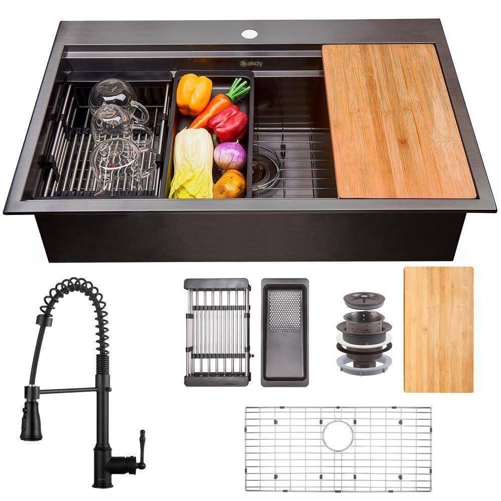 all in one matte black finished 32 in. x 22 in. single bowl drop in kitchen sink with spring neck faucet all in one matte black finished 32 in. x 22 in. single bowl drop in kitchen sink with spring neck faucet