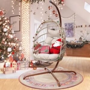 nicesoulu00ae swing egg chair with stand indoor outdoor wicker rattan patio basket hanging chair with uv resistant cushions 350lbs capaticy for bedroom balcony patio (cream)