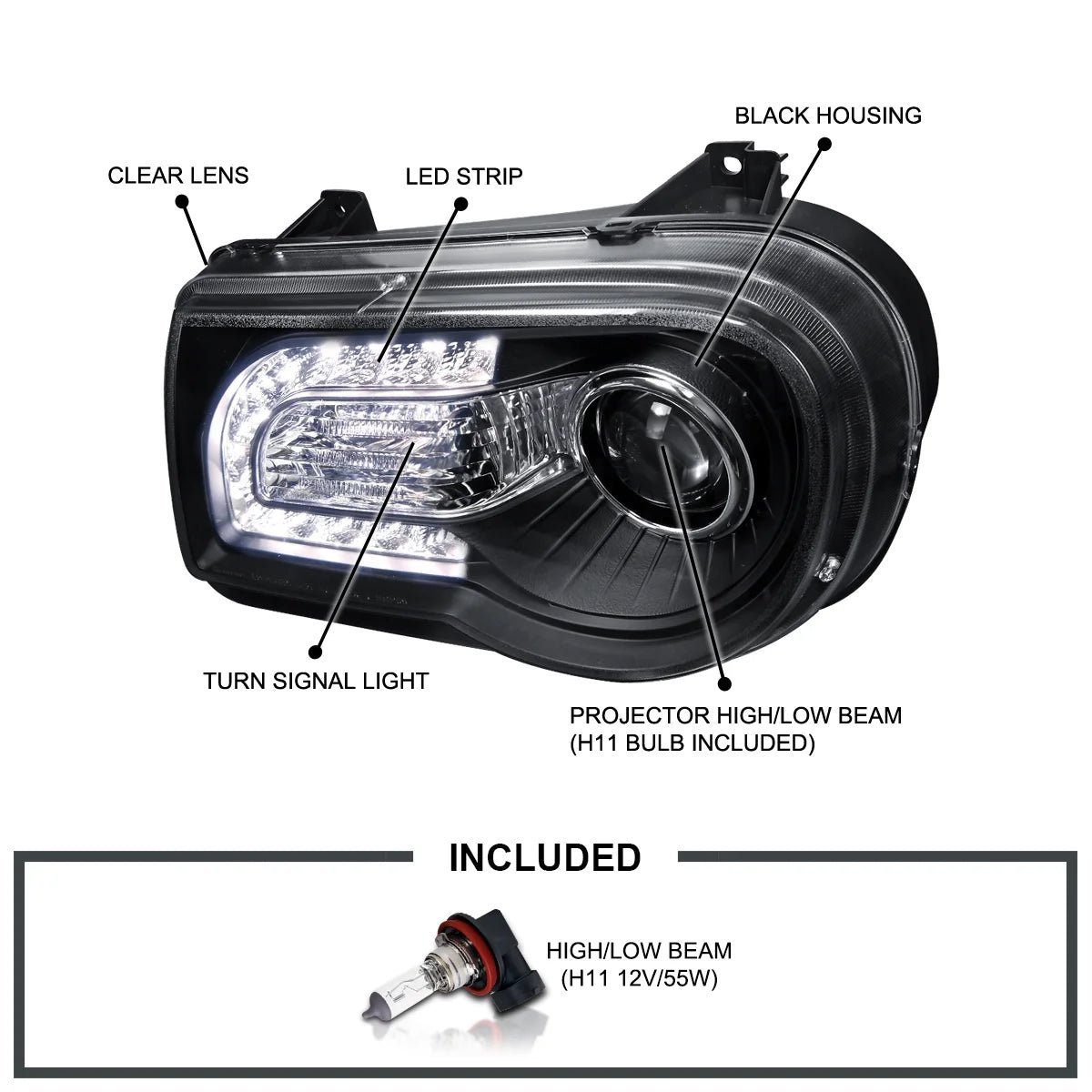 spec d tuning black led strip projector headlights compatible with 2005 2010 chrysler 300c/300c awd/hemi/srt 8, left + right pair headlamps assembly spec d tuning black led strip projector headlights compatible with 2005 2010 chrysler 300c/300c awd/hemi/srt 8, left + right pair headlamps assembly