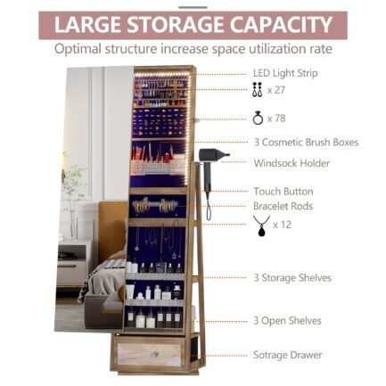 lvsomt 360 swivel jewelry cabinet with lights, standing rotatable jewelry armoire organizer with lock, full length mirror with jewelry storage, brown lvsomt 360 swivel jewelry cabinet with lights, standing rotatable jewelry armoire organizer with lock, full length mirror with jewelry storage, brown