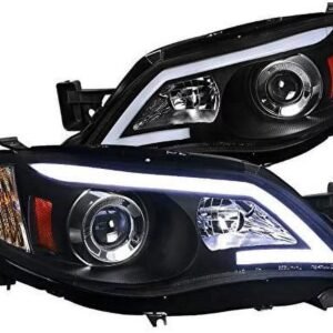 drl led light bar strip projector headlight head lamp replacement in black housing clear lens made for and compatible with 2008 – 2014 subaru impreza wrx 08 11 outback sport