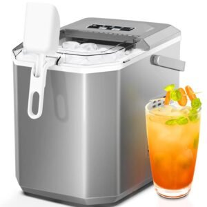 countertop ice maker,portable ice machine with carry handle,self cleaning,basket and scoop,9 cubes in 6 mins,26.5lbs/24hrs,2 sizes of bullet ice,for home,kitchen,party,grey