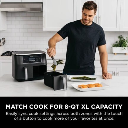 2 independent baskets: the original air fryer with 2 independent baskets, the xl air fryer lets you cook 2 foods, 2 ways, at the same time, eliminating back to back cooking like a traditional single basket air fryer. smart finish & match cook: dualzone technology allows you to choose between the smart finish feature, which unlocks cooking 2 foods 2 ways that finish at the same time, and the and a match cook button to easily copy settings across zones for full 8 qt capacity. 6 in 1 functionality: includes 6 versatile cooking programs: air fry, air broil, roast, bake, reheat, and dehydrate. the baskets can be washed in the dishwasher or by hand. xl capacity: the 8 quart air fryer capacity lets you fit mains and sides at the same time for making quick family meals, or up to 4 lbs. of french fries or chicken wings. separate heating zones: 2 independent 4 quart zones have their own cooking baskets, cyclonic fans, and rapid heaters. easy cleaning: easy to clean baskets and dishwasher safe crisper plates. less fat: up to 75% less fat than traditional air frying methods. tested against hand cut, deep fried french fries. 2 independent baskets: the original air fryer with 2 independent baskets, the xl air fryer lets you cook 2 foods, 2 ways, at the same time, eliminating back to back cooking like a traditional single basket air fryer. smart finish & match cook: dualzone technology allows you to choose between the smart finish feature, which unlocks cooking 2 foods 2 ways that finish at the same time, and the and a match cook button to easily copy settings across zones for full 8 qt capacity. 6 in 1 functionality: includes 6 versatile cooking programs: air fry, air broil, roast, bake, reheat, and dehydrate. the baskets can be washed in the dishwasher or by hand. xl capacity: the 8 quart air fryer capacity lets you fit mains and sides at the same time for making quick family meals, or up to 4 lbs. of french fries or chicken wings. separate heating zones: 2 independent 4 quart zones have their own cooking baskets, cyclonic fans, and rapid heaters. easy cleaning: easy to clean baskets and dishwasher safe crisper plates. less fat: up to 75% less fat than traditional air frying methods. tested against hand cut, deep fried french fries.
