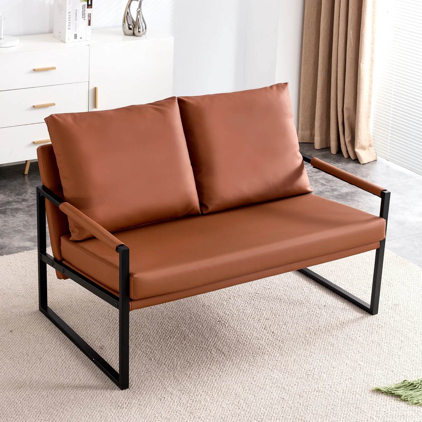 wasait modern two seater sofa chair with 2 pillows pu leather, high density foam, black coated metal frame. brown sf d008 wasait modern two seater sofa chair with 2 pillows pu leather, high density foam, black coated metal frame. brown sf d008