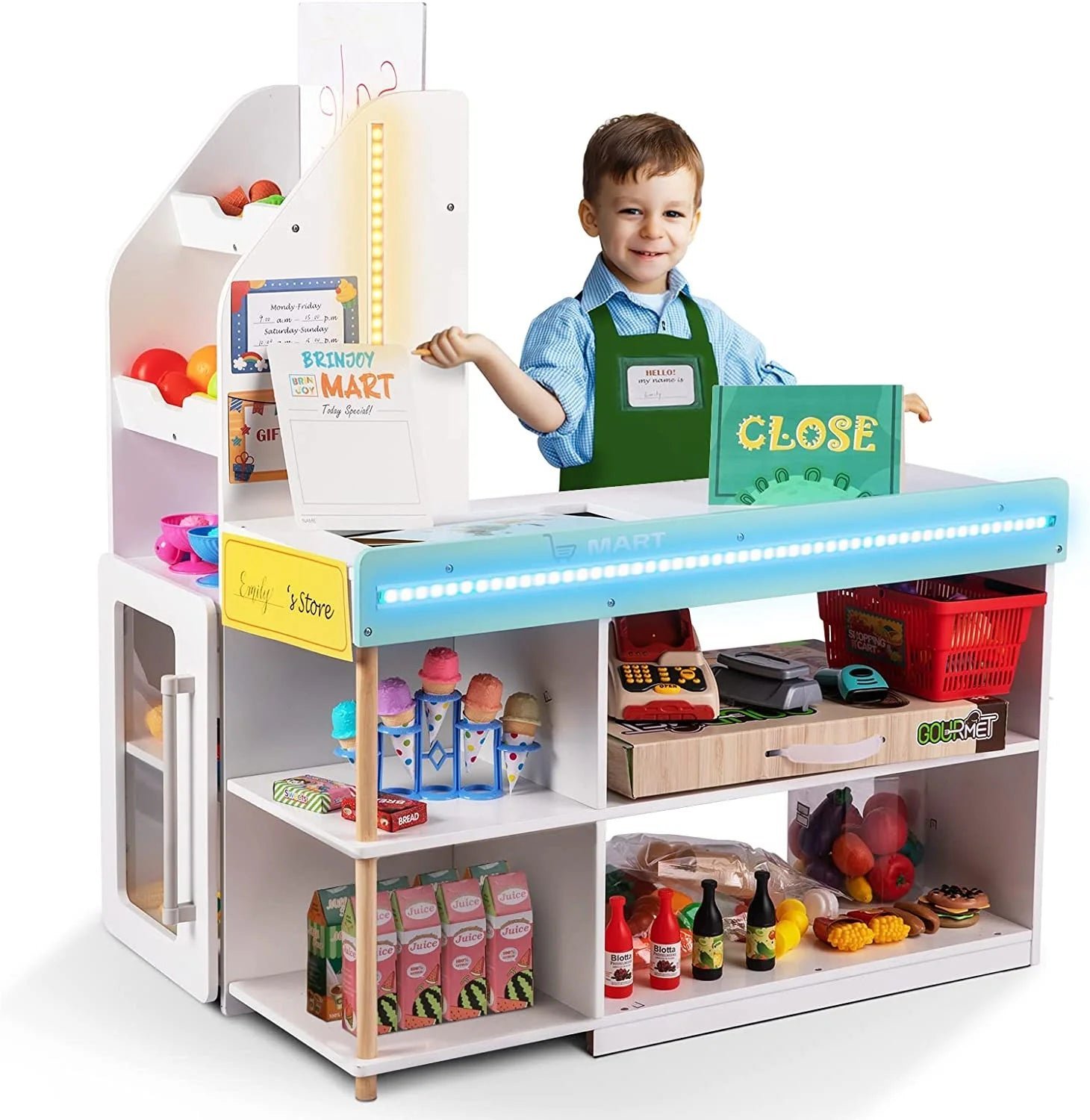 brinjoy grocery store pretend play, kids play store wooden market stand with led lights&acrylic sheet, supermarket toy includes shopping bag, apron, coupons, cards for children brinjoy grocery store pretend play, kids play store wooden market stand with led lights&acrylic sheet, supermarket toy includes shopping bag, apron, coupons, cards for children