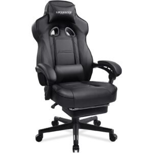 luckracer computer gaming chair with footrest, ergonomic big and tall gamer chair pu leather swivel lumbar support racing style e sports game chairs by gtracing (black)