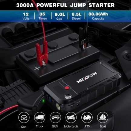 nexpow battery jump starter – 3000a peak 23800mah car jump starter (up to 9.0l gas or 8.5l diesel engine) – 12v portable battery booster with lcd display nexpow battery jump starter – 3000a peak 23800mah car jump starter (up to 9.0l gas or 8.5l diesel engine) – 12v portable battery booster with lcd display