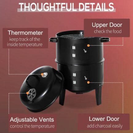 outsunny vertical charcoal bbq smoker, 3 in 1 16″ round charcoal barbecue grill with 2 cooking area, and thermometer for outdoor camping picnic backyard cooking, black outsunny vertical charcoal bbq smoker, 3 in 1 16″ round charcoal barbecue grill with 2 cooking area, and thermometer for outdoor camping picnic backyard cooking, black