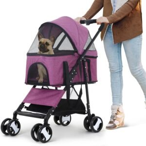 niamvelo pet stroller 3 in 1 detachable dog stroller with 4 wheels foldable dog travel cart cat walker for doggy rabbit, purple
