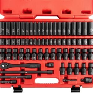 neiko 02471a impact socket set, 3/8” drive, 67 piece, metric and standard master socket set with shallow & deep sockets, ratchet, swivel sockets, extension bars, adapters, cr v & cr mo