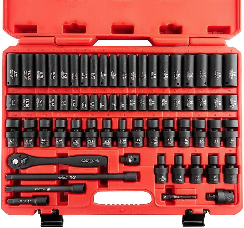 neiko 02471a impact socket set, 3/8” drive, 67 piece, metric and standard master socket set with shallow & deep sockets, ratchet, swivel sockets, extension bars, adapters, cr v & cr mo neiko 02471a impact socket set, 3/8” drive, 67 piece, metric and standard master socket set with shallow & deep sockets, ratchet, swivel sockets, extension bars, adapters, cr v & cr mo