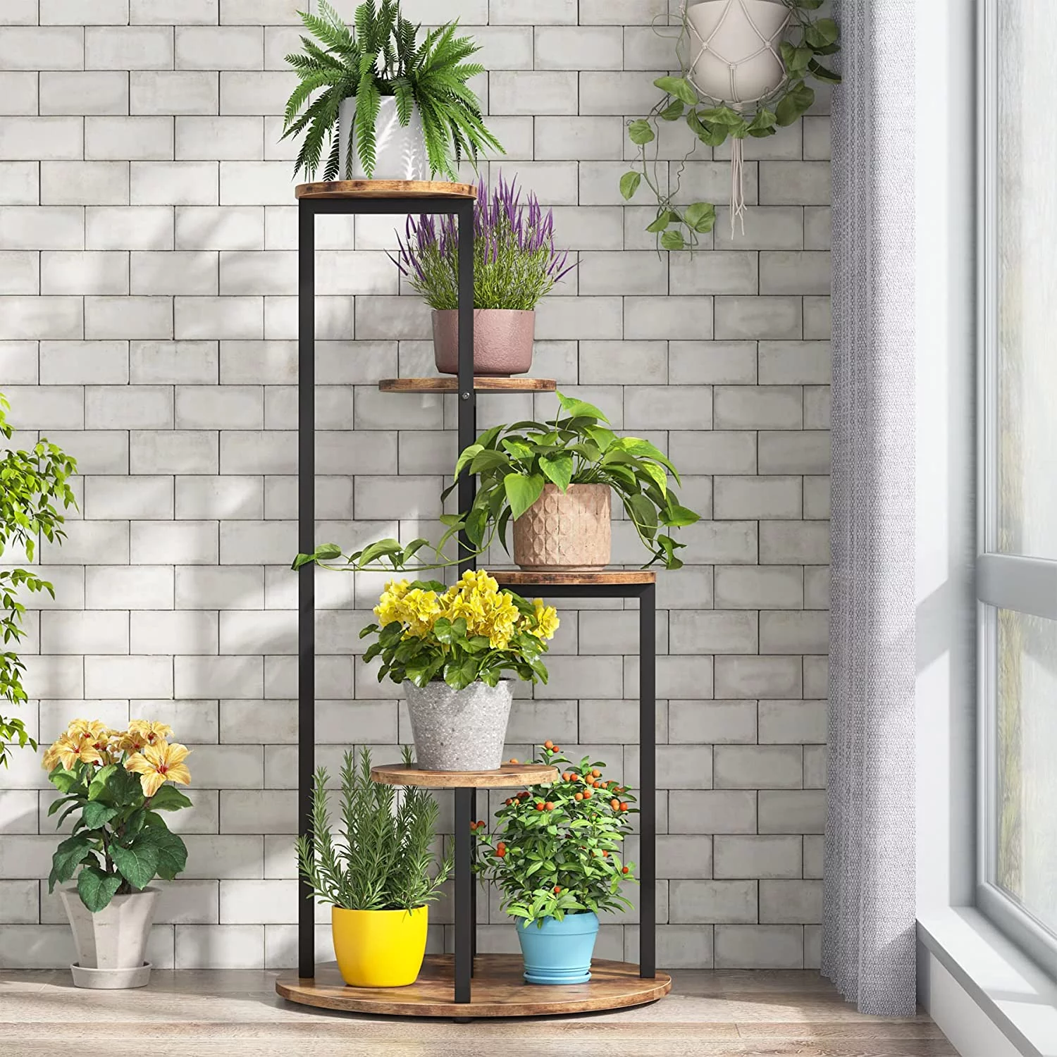 tribesigns rustic brown 4 tier corner plant stand: wooden & metal pot holder tribesigns rustic brown 4 tier corner plant stand: wooden & metal pot holder