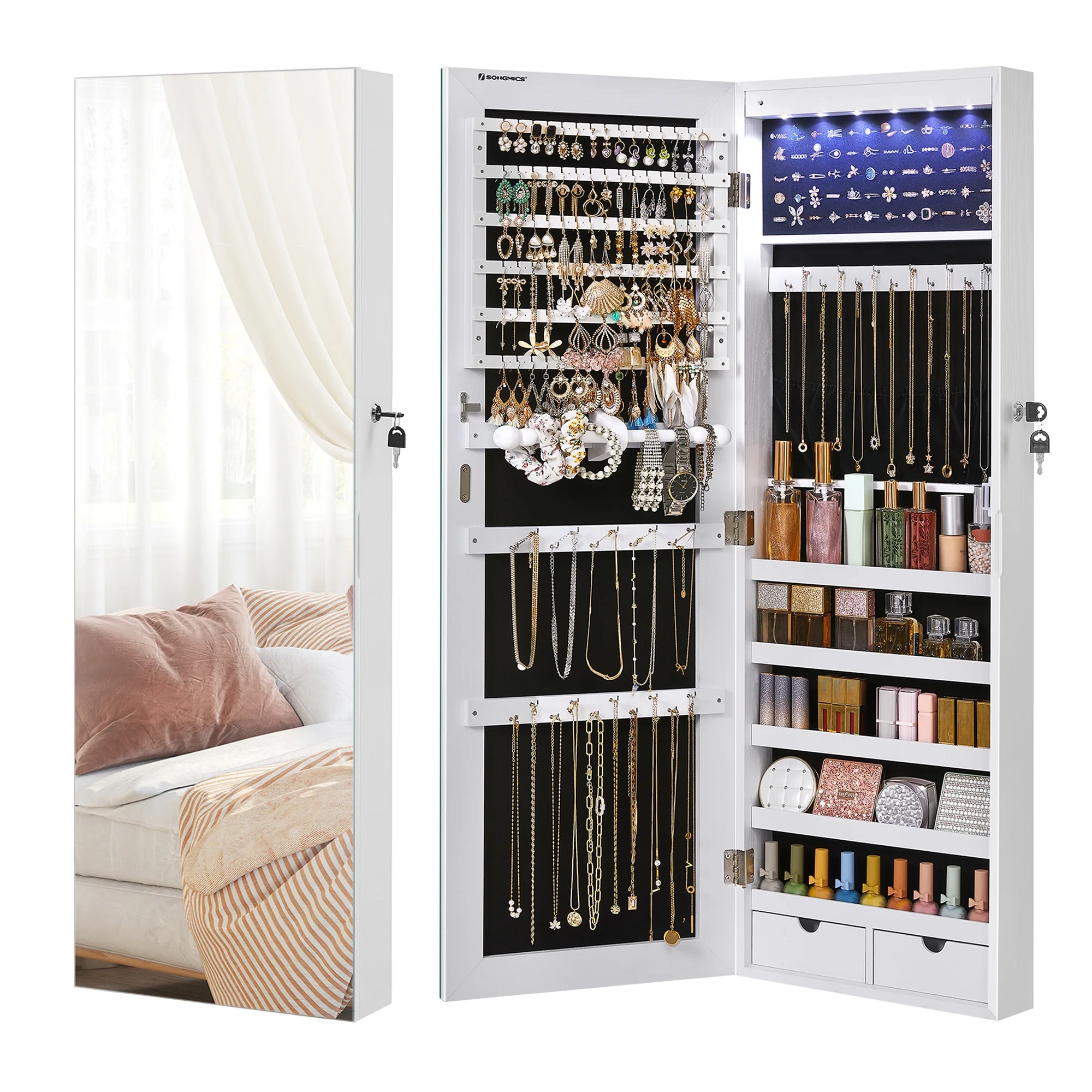 songmics hanging mirror jewelry cabinet wall or door mounted jewelry armoires with led interior lights jewelry organizer box holder full length mirror white songmics hanging mirror jewelry cabinet wall or door mounted jewelry armoires with led interior lights jewelry organizer box holder full length mirror white