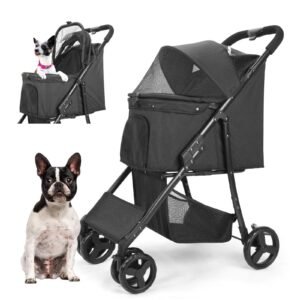 4 wheel dog stroller, wedyvko foldable pet stroller with storage basket for small medium dogs & cats (black)