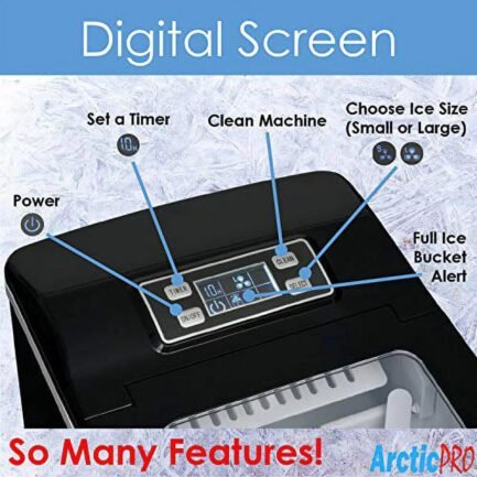 portable digital ice maker machine by arctic pro with ice scoop, first ice in 6 8 minutes, 26 pounds daily, great for kitchens, tailgating, bars, party, small/large cubes, black, 11.5×8.7×12.5 inches portable digital ice maker machine by arctic pro with ice scoop, first ice in 6 8 minutes, 26 pounds daily, great for kitchens, tailgating, bars, party, small/large cubes, black, 11.5×8.7×12.5 inches