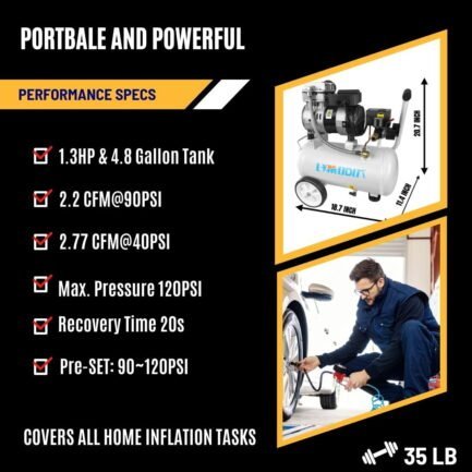 limodot quiet air compressor portable, 70 db, silent and electric for car and bike tires, nail gun, and pneumatic tools, garage, shop, or mechanic accessories, 115v limodot quiet air compressor portable, 70 db, silent and electric for car and bike tires, nail gun, and pneumatic tools, garage, shop, or mechanic accessories, 115v