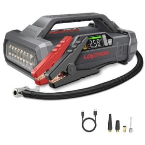 lokithor ja401 3750a 12v jump starter with air compressor, 60w two way fast charing, lithium battery starter with 150psi digital tire inflator, car battery booster for 10.0l gas or 8.0l diesel engines