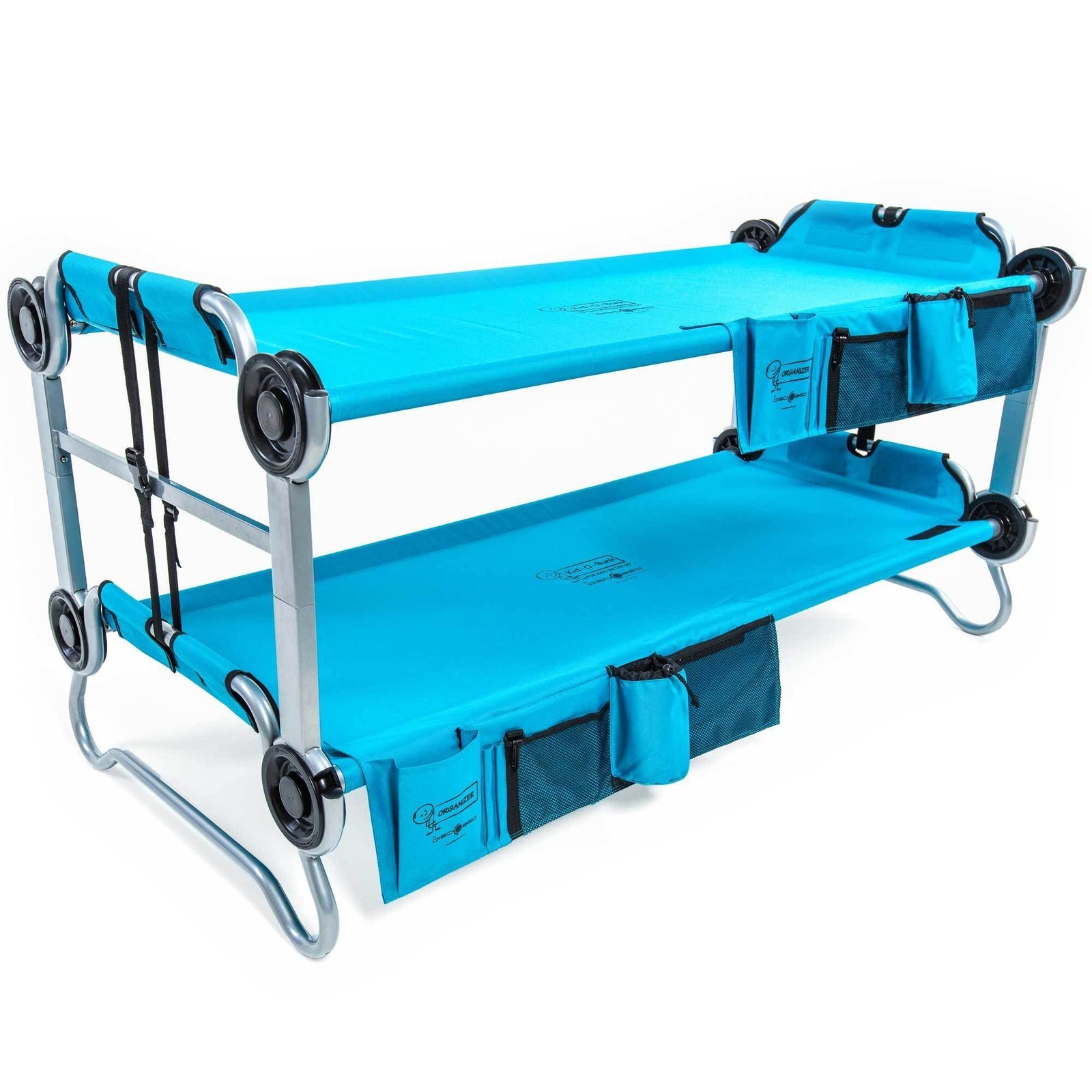 disc o bed youth benchable camping cot with organizers, teal blue – open box