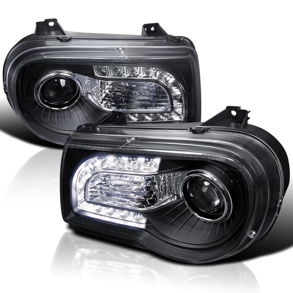 spec d tuning black led strip projector headlights compatible with 2005 2010 chrysler 300c/300c awd/hemi/srt 8, left + right pair headlamps assembly spec d tuning black led strip projector headlights compatible with 2005 2010 chrysler 300c/300c awd/hemi/srt 8, left + right pair headlamps assembly