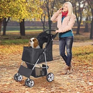 bbbuy 4 wheels foldable pet dog cat jogger stroller travel carrier strolling cart w/waterproof cover storage basket cup holder & removable liner for medium small cat dog, black
