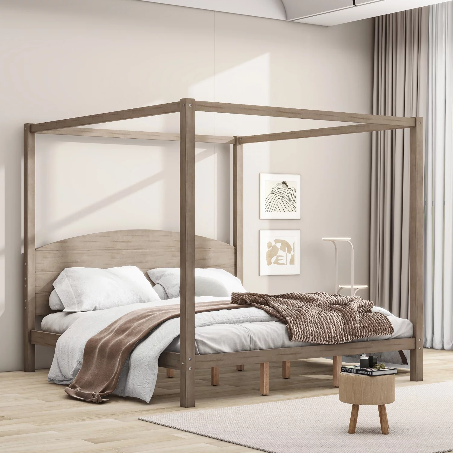 upgrade your regal bedroom with this elegant and luxurious brown wash canopy platform king size bed. featuring sturdy support legs and a stylish headboard this bed is the perfect additio upgrade your regal bedroom with this elegant and luxurious brown wash canopy platform king size bed. featuring sturdy support legs and a stylish headboard this bed is the perfect additio