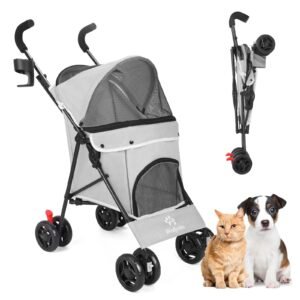 4 wheel foldable cat dog stroller with storage basket, handle 360° front wheel rear wheel with brake for small medium dogs & cats gray