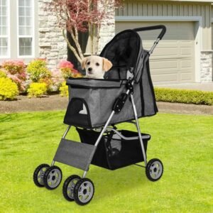 niamvelo 4 wheels dog stroller foldable pet stroller dog cat jogger stroller folding lightweight travel stroller with cup holders& storage basket for small medium dogs, grey