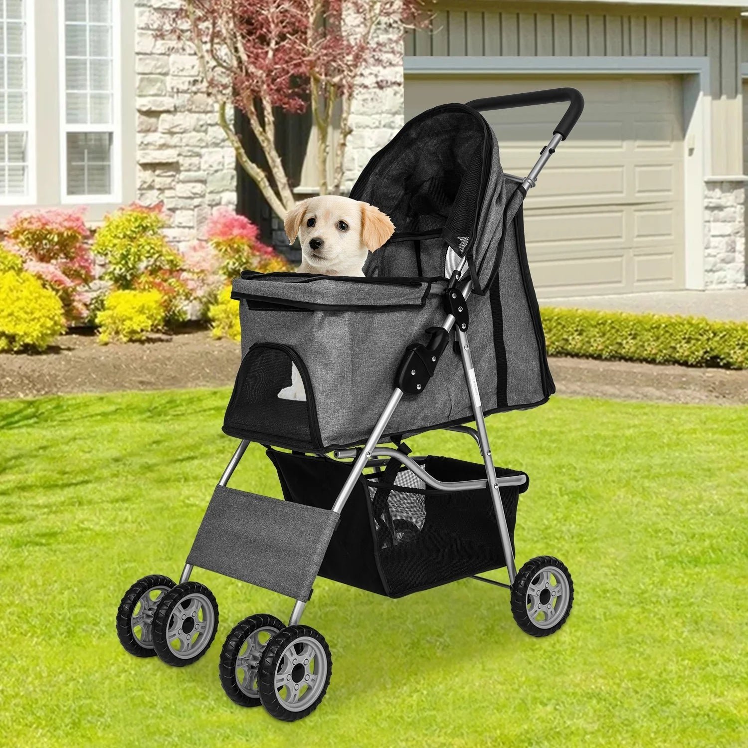 niamvelo 4 wheels dog stroller foldable pet stroller dog cat jogger stroller folding lightweight travel stroller with cup holders& storage basket for small medium dogs, grey niamvelo 4 wheels dog stroller foldable pet stroller dog cat jogger stroller folding lightweight travel stroller with cup holders& storage basket for small medium dogs, grey